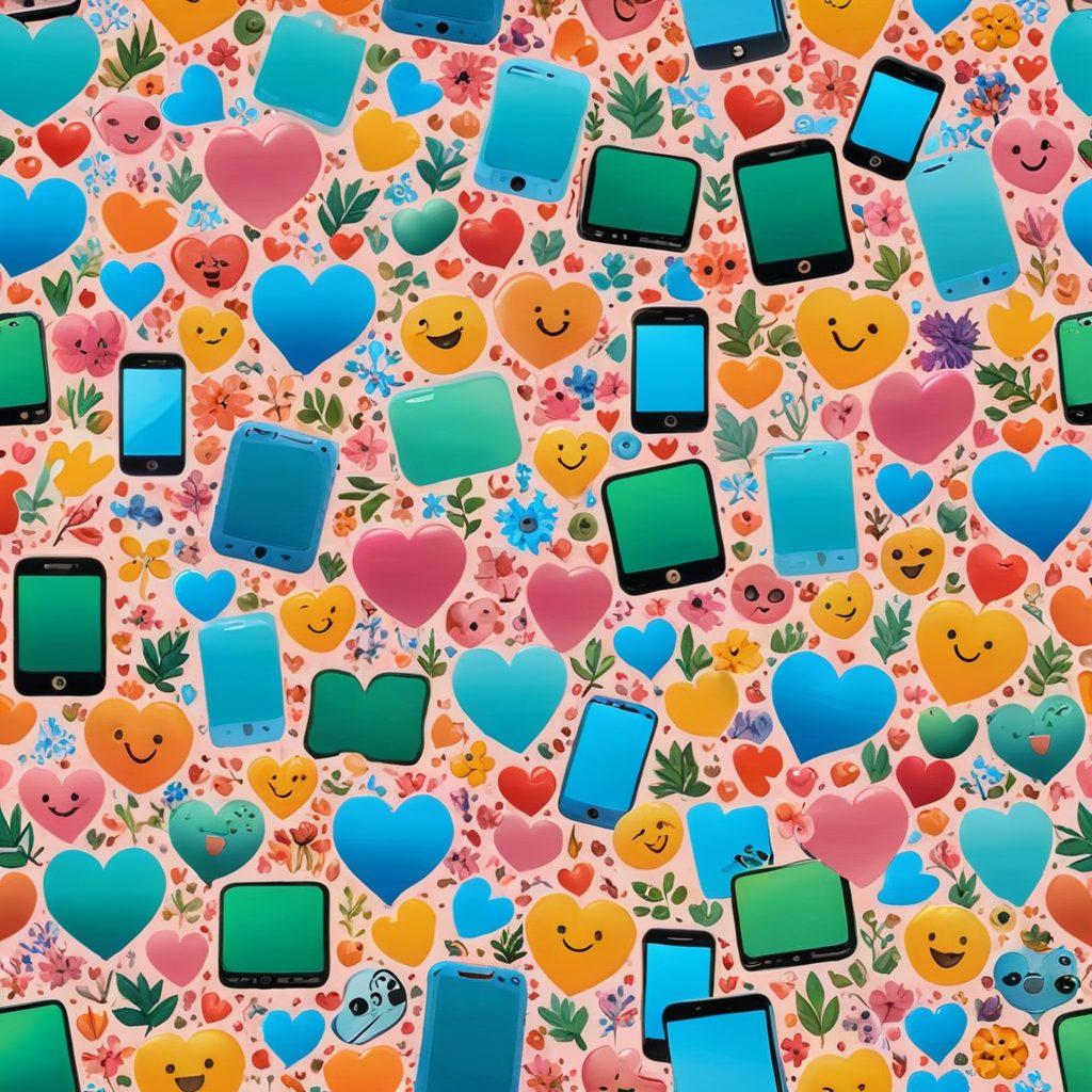 A collage of smartphone screens displaying moments of friends and couples sharing photos together, interspersed with heart emojis and social media icons. The background features a soft gradient that transitions from warm colors to cooler tones, symbolizing the progression of connections. Add elements of nature, like blooming flowers, to represent growth in relationships. surrealistic. vibrant colors. light and airy atmosphere.