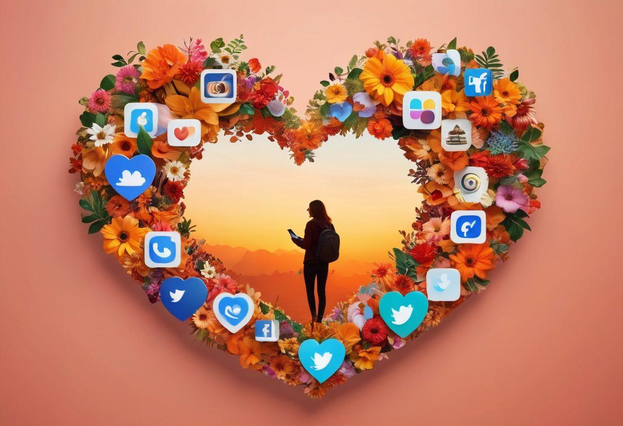 A heart-shaped collage of diverse people sharing photos on their smartphones, surrounded by vibrant social media icons and digital connections. Soft, warm colors create an inviting atmosphere, emphasizing the emotional bonds formed through photo sharing. Incorporate elements of nature and technology harmoniously intertwined to symbolize modern relationships. super-realistic. vibrant colors. soft background.