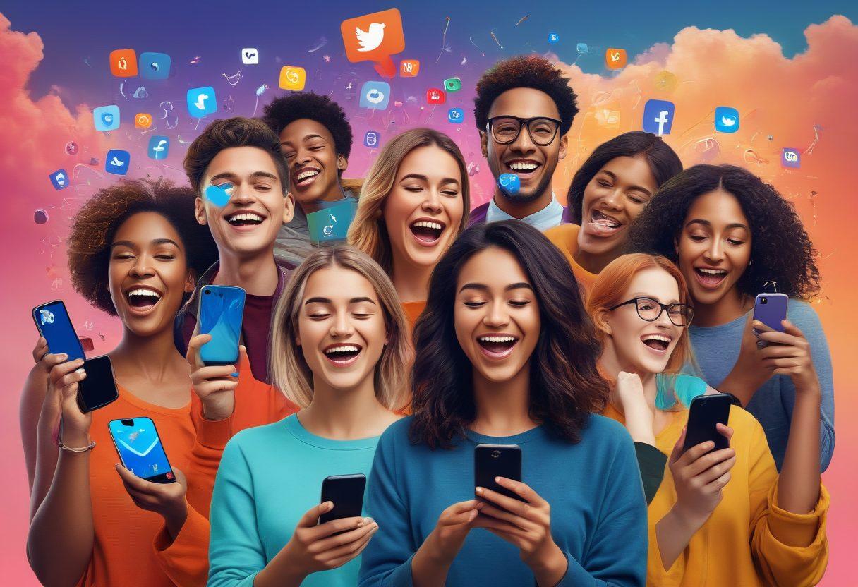A collage of diverse people joyfully interacting with their smartphones, sharing images and moments that evoke different emotions, interconnected by flowing social media icons. Bright and expressive facial expressions illustrating happiness, sadness, and connection, intertwined with colorful visual elements representing various social media platforms. A background that suggests digital landscapes and flowing emotions. vibrant colors. super-realistic.